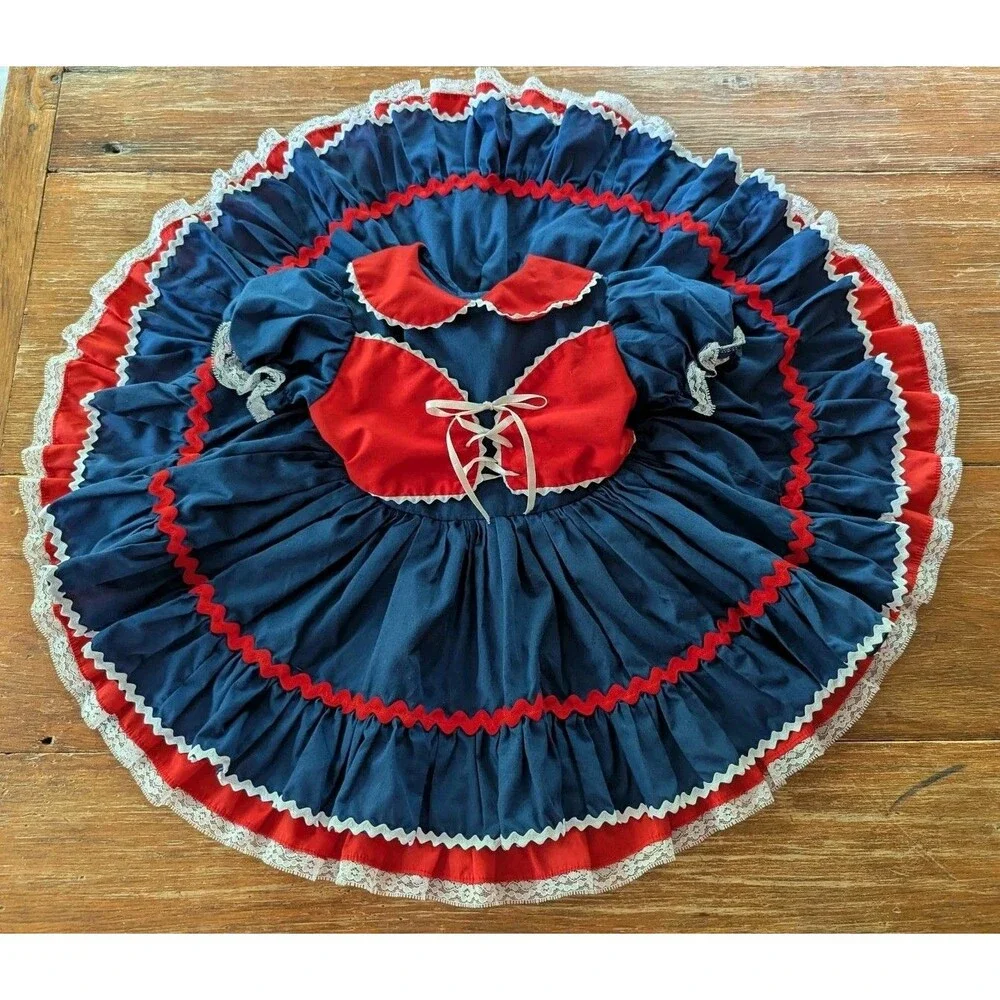 Vintage Full Circle Toddler Dress Red Blue Americana Patriotic Dirndl Lace Bell